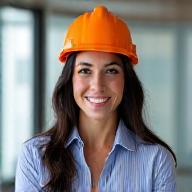 Retrato profesional de una mujer con casco de obra y planos, jefa de operaciones de SaunaRaíz.