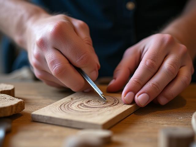 Artesano trabajando la madera con herramientas tradicionales, enfocado en los detalles de una tabla de madera de sauna.