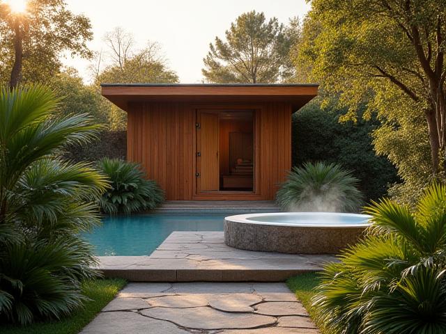 Espacio wellness rural con sauna y jacuzzi integrado en la naturaleza