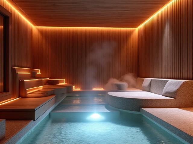 Diseño interior de sauna y baño turco con iluminación ambiental