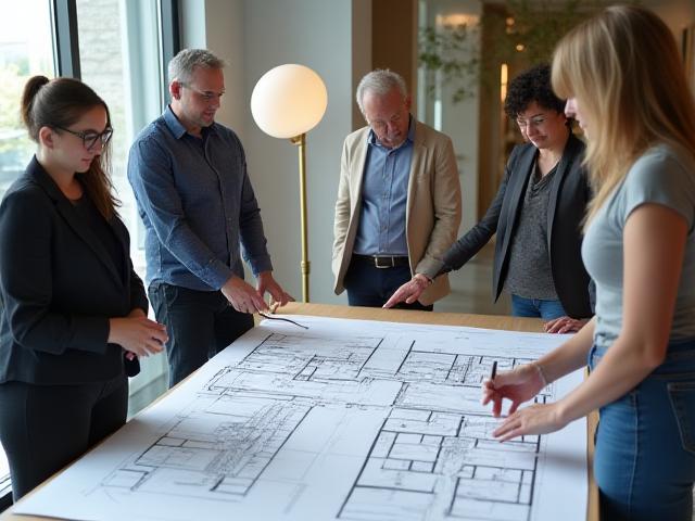 Profesionales discutiendo planos y diseños de un espacio wellness