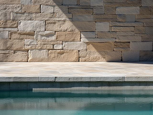 Pared de piedra tallada a mano en un entorno de spa con texturas rústicas