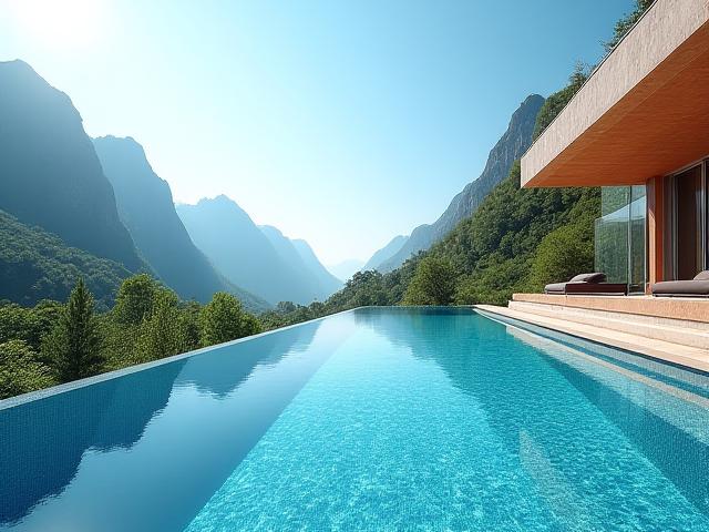 Piscina infinita moderna con vista a un paisaje natural