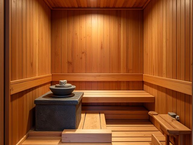 Interior de sauna de madera con banco y estufa de piedras calentadas